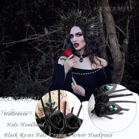 Black Roses Halo Crown Headpiece with Crystal Gems For Women Halloween Cosplay